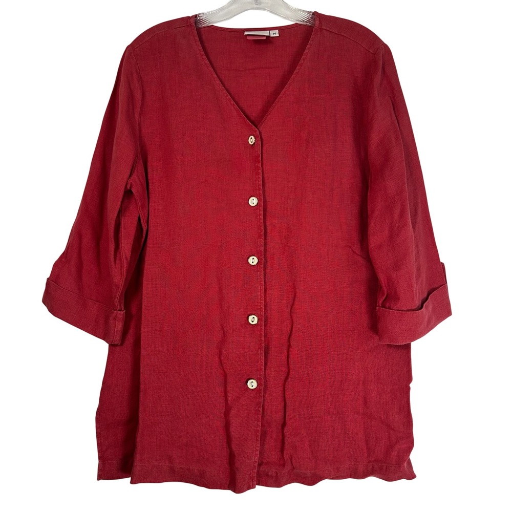 Hot Cotton Red 100% Linen V-Neck Button Front 3/4 Sleeve Top Medium